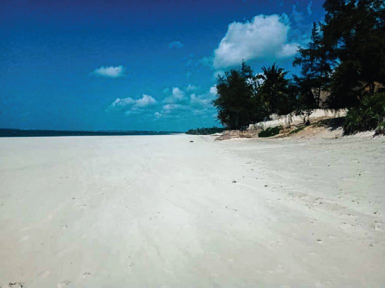 A clean white-sand beach on the north coast of Kenya